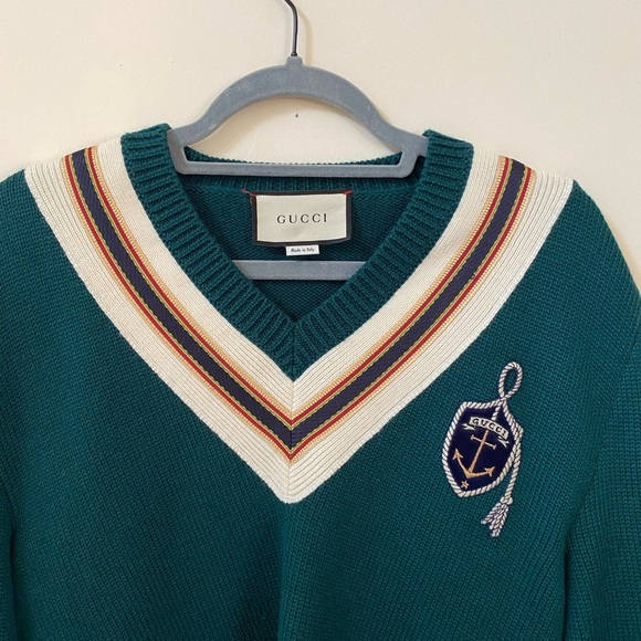 Gucci Forest Green Anchor Crest V Neck Wool Sweater Made Italy Varsity College - Picture 5 of 16